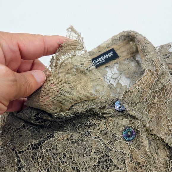 Dolce & Gabbana Delicate Lace Floral Stretched Button-Down Shirt In Khaki SZ 36 - Picture 10 of 16